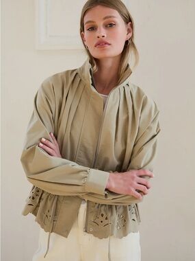 Pleated High-Neck Eyelet Scallop Jacket